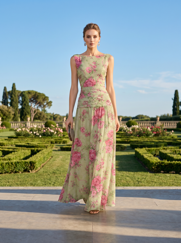 Floral Chiffon Floor-Length Mother of the Bride Dress