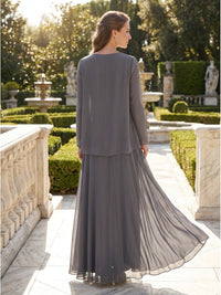 Dusty Purple Chiffon 3-Piece Mother of the Bride Dress Set with Jacket and Floor-Length Skirt (VET-MOB-0001)