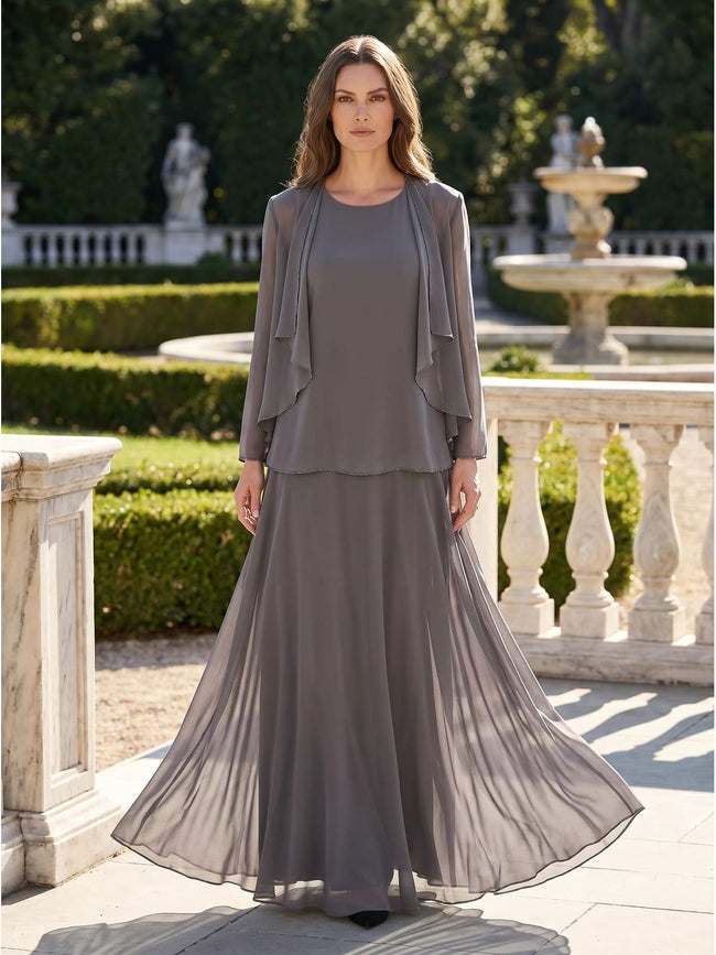 Dusty Purple Chiffon 3-Piece Mother of the Bride Dress Set with Jacket and Floor-Length Skirt (VET-MOB-0001)