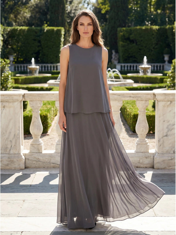 Dusty Purple Chiffon 3-Piece Mother of the Bride Dress Set with Jacket and Floor-Length Skirt (VET-MOB-0001)