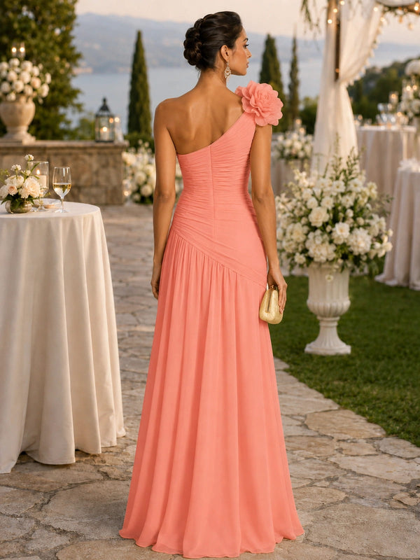 Coral one shoulder chiffon floor-length bridesmaid dress with floral applique and ruched bodice back view