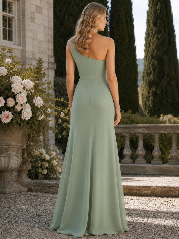 Dusty sage one shoulder chiffon floor-length bridesmaid dress back view
