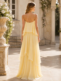 Yellow square neck spaghetti strap chiffon floor-length bridesmaid dress back view