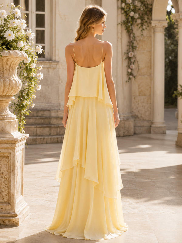 Yellow square neck spaghetti strap chiffon floor-length bridesmaid dress back view