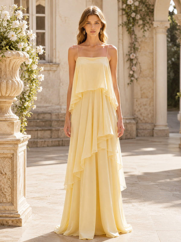 Yellow square neck spaghetti strap chiffon floor-length bridesmaid dress front view