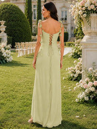 Light sage sweetheart chiffon floor-length bridesmaid dress with ruffle straps back view
