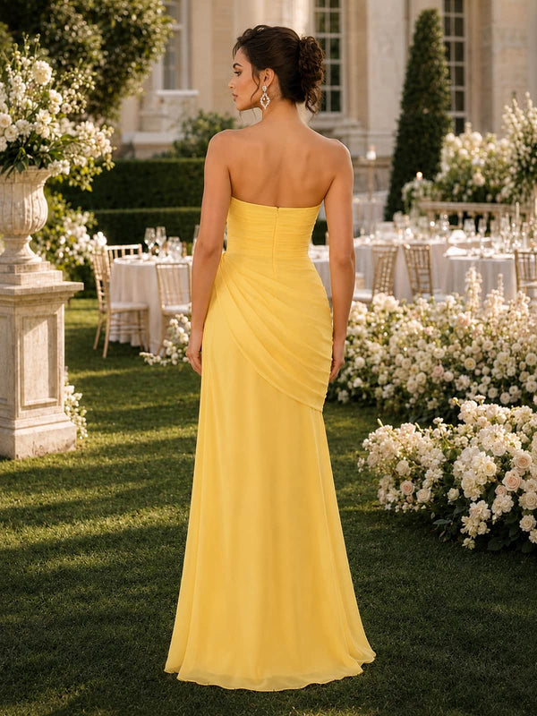 Yellow strapless sweetheart chiffon floor-length bridesmaid dress back view