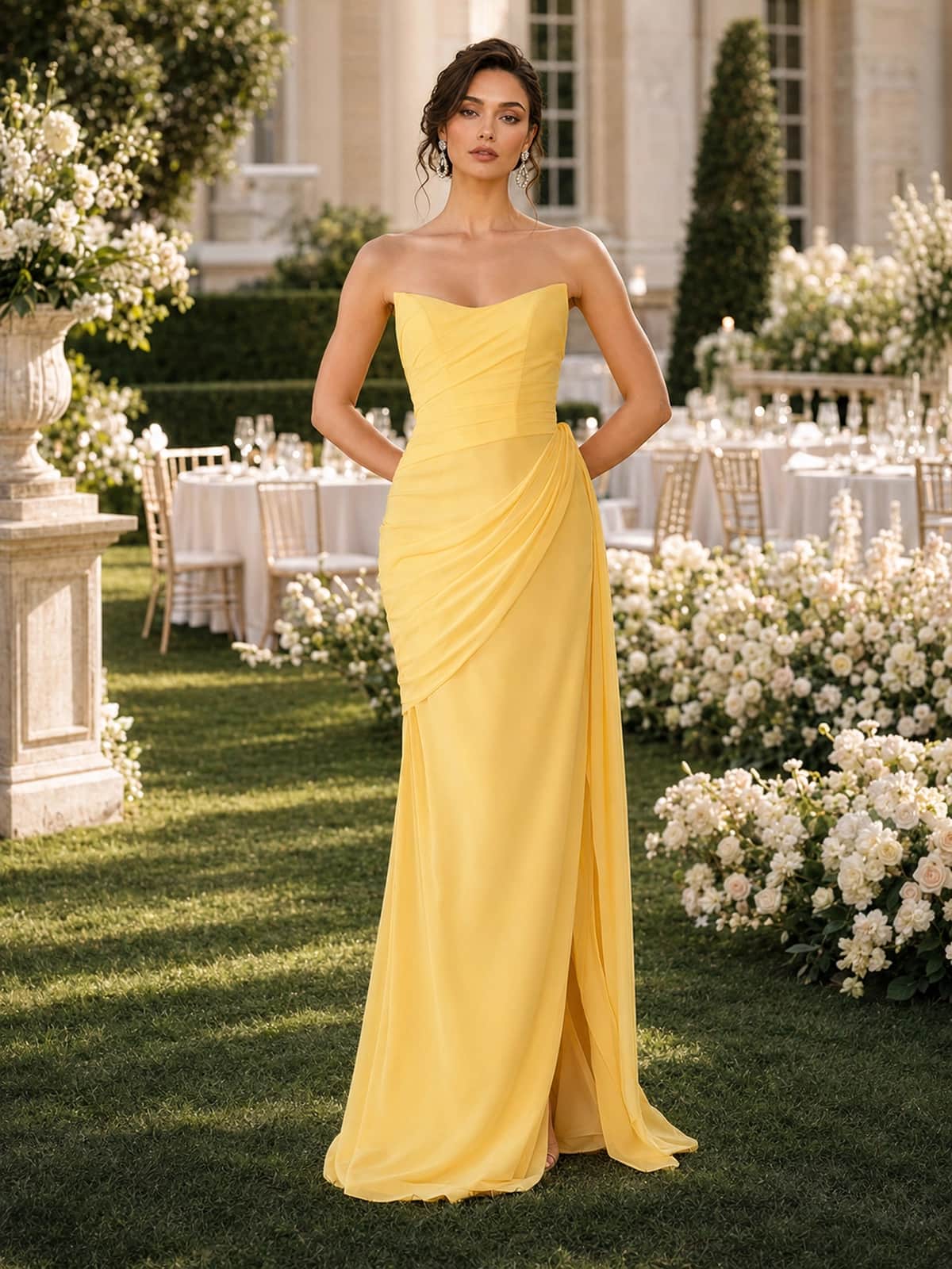 Yellow strapless sweetheart chiffon floor-length bridesmaid dress with draped bodice and slit front view