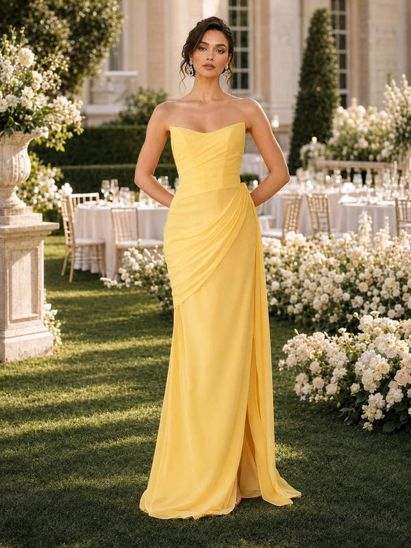 Yellow strapless sweetheart chiffon floor-length bridesmaid dress with draped bodice and slit front view