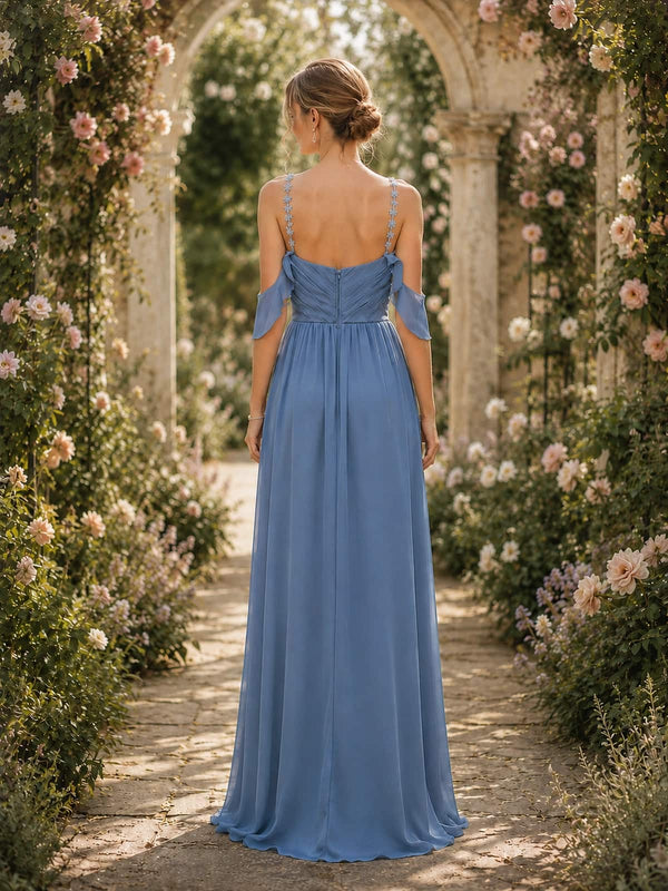 Dusty blue spaghetti strap chiffon floor-length bridesmaid dress back view