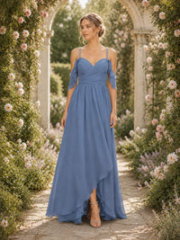 Dusty blue spaghetti strap chiffon floor-length bridesmaid dress with slit front view