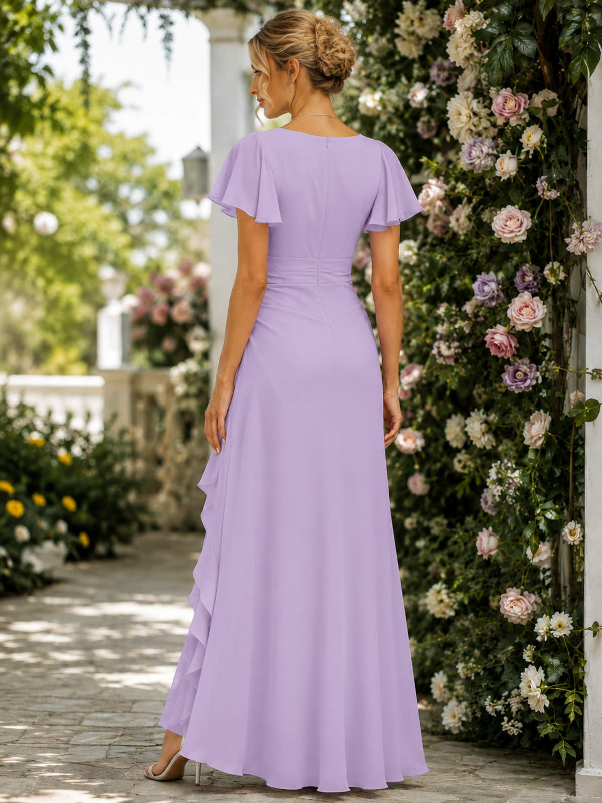 Lavender V-neck flutter sleeve chiffon high-low bridesmaid dress back view