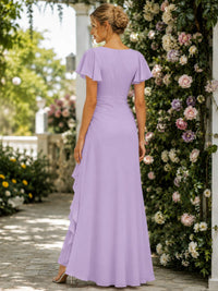 Lavender V-neck flutter sleeve chiffon high-low bridesmaid dress back view