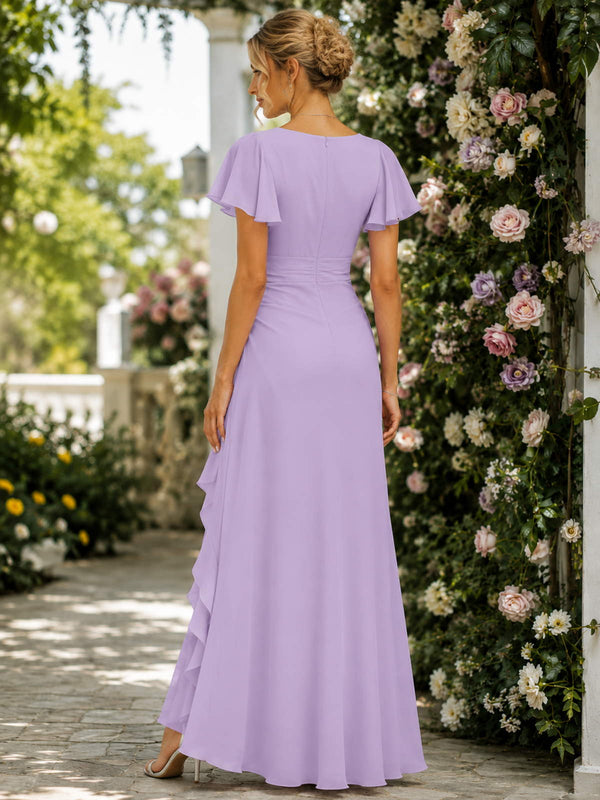 Lavender V-neck flutter sleeve chiffon high-low bridesmaid dress back view