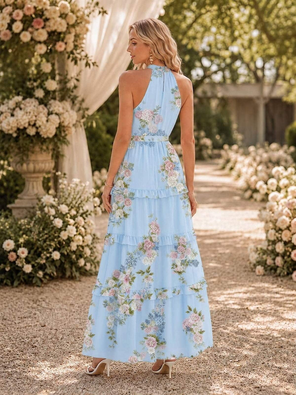 Light blue floral halter chiffon floor-length bridesmaid dress back view