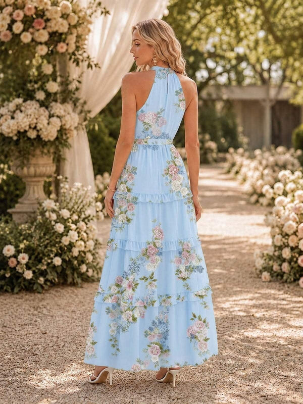Light blue floral halter chiffon floor-length bridesmaid dress back view
