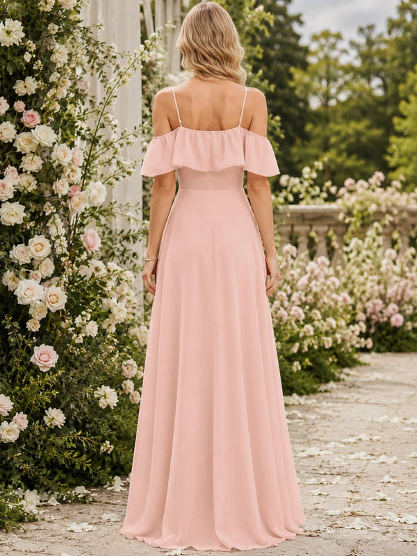 Blush pink ruffle cold shoulder chiffon floor-length bridesmaid dress back view