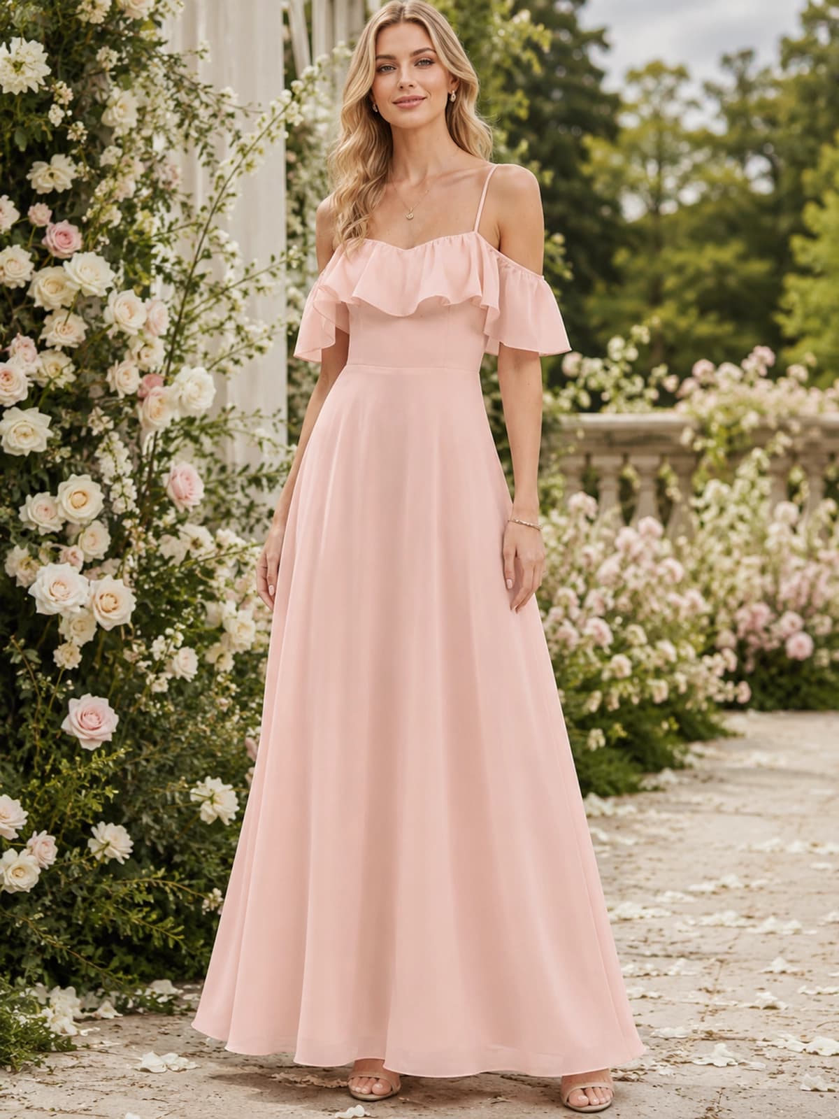 Blush pink ruffle cold shoulder chiffon floor-length bridesmaid dress front view