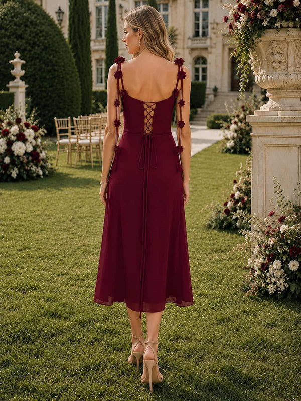 Burgundy floral-strap chiffon midi bridesmaid dress back view with lace-up open back