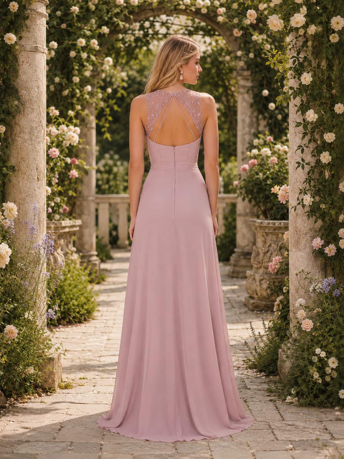 Dusty rose lace applique chiffon floor-length bridesmaid dress with keyhole back view