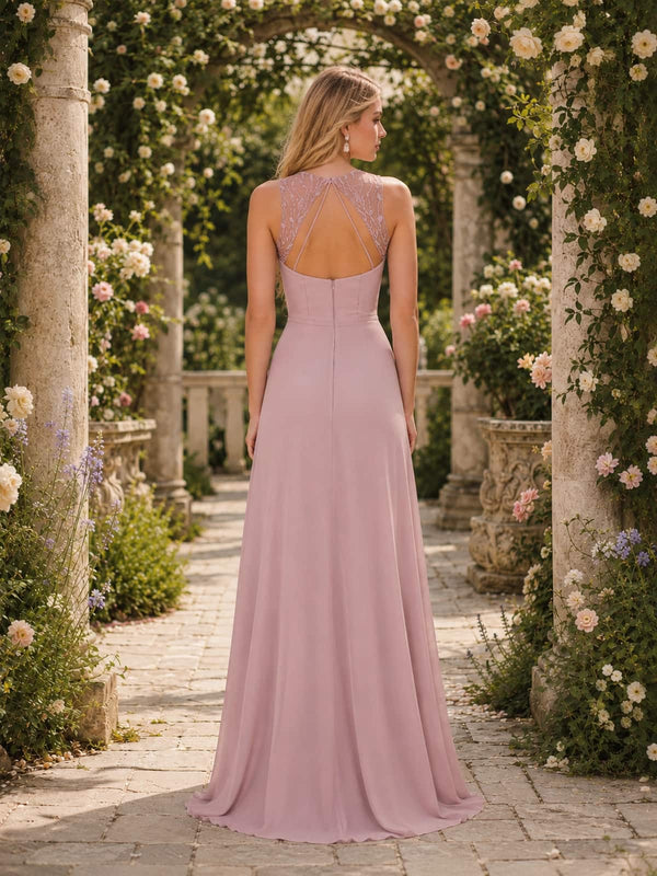 Dusty rose lace applique chiffon floor-length bridesmaid dress with keyhole back view