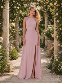 Dusty rose jewel neck lace applique chiffon floor-length bridesmaid dress with slit front view