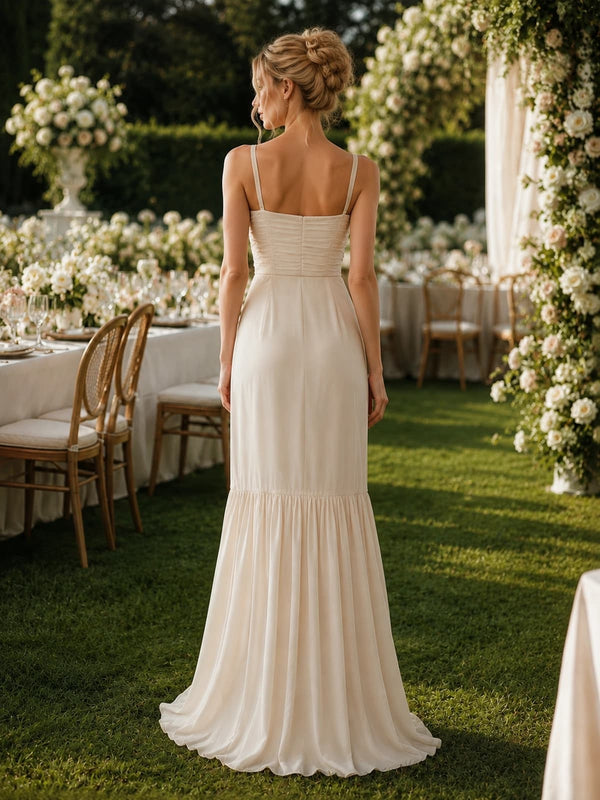 Nude spaghetti strap chiffon floor-length bridesmaid dress with tiered hem back view