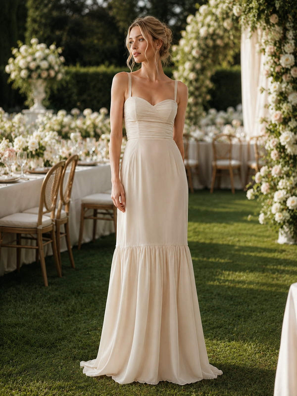 Nude sweetheart spaghetti strap chiffon floor-length bridesmaid dress with ruched bodice front view