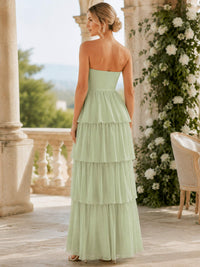Light sage strapless chiffon floor-length bridesmaid dress with tiered ruffle skirt back view