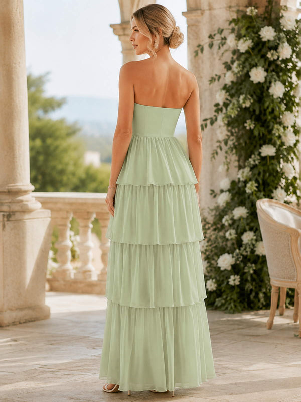 Light sage strapless chiffon floor-length bridesmaid dress with tiered ruffle skirt back view