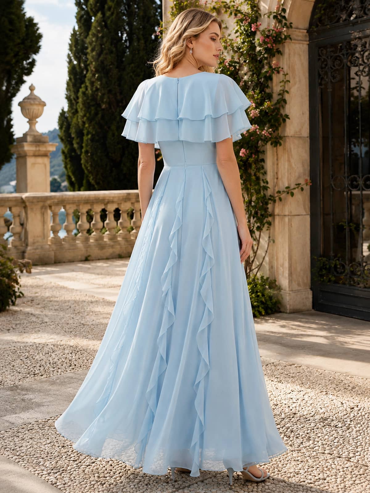 Light blue cape sleeve chiffon floor-length bridesmaid dress with layered ruffle back view