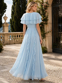 Light blue cape sleeve chiffon floor-length bridesmaid dress with layered ruffle back view
