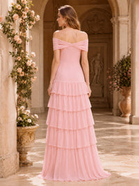 Blush pink off-shoulder chiffon floor-length bridesmaid dress with tiered ruffle skirt back view