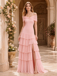 Blush pink off-shoulder chiffon floor-length bridesmaid dress with tiered ruffles and slit front view