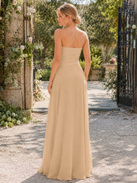 Champagne asymmetric strap chiffon floor-length bridesmaid dress back view
