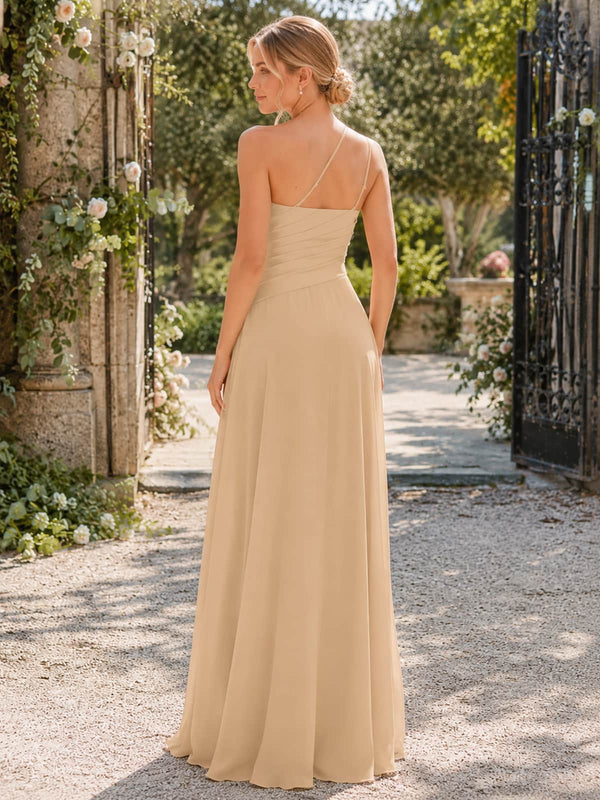 Champagne asymmetric strap chiffon floor-length bridesmaid dress back view