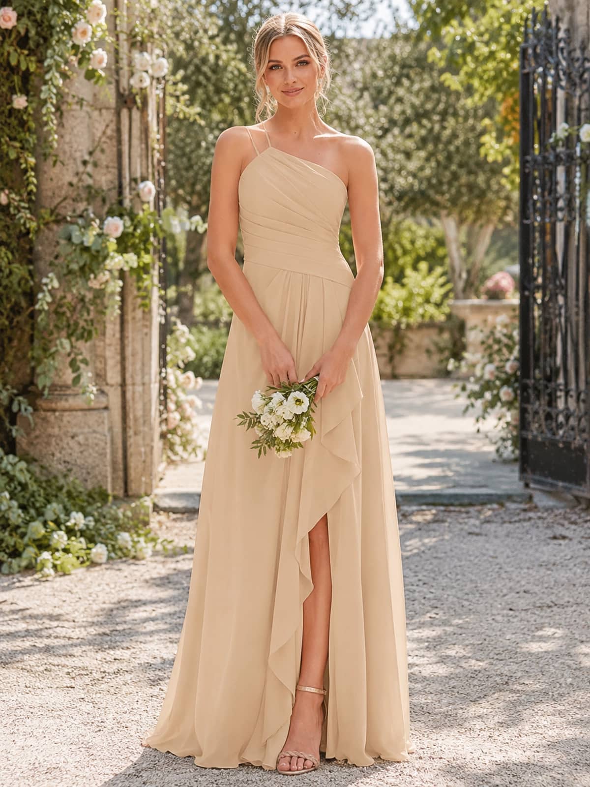 Champagne asymmetric one-shoulder chiffon floor-length bridesmaid dress with draped slit front view