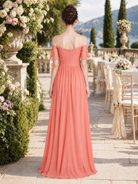 Coral off-shoulder lace chiffon floor-length bridesmaid dress back view with concealed zipper