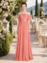 Coral off-shoulder lace chiffon floor-length bridesmaid dress front view