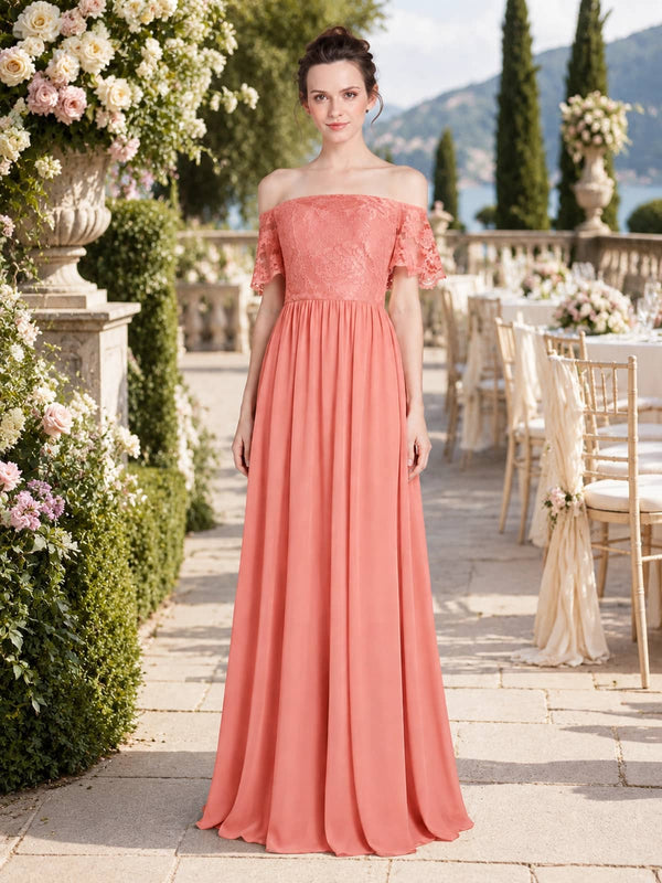 Coral off-shoulder lace chiffon floor-length bridesmaid dress front view