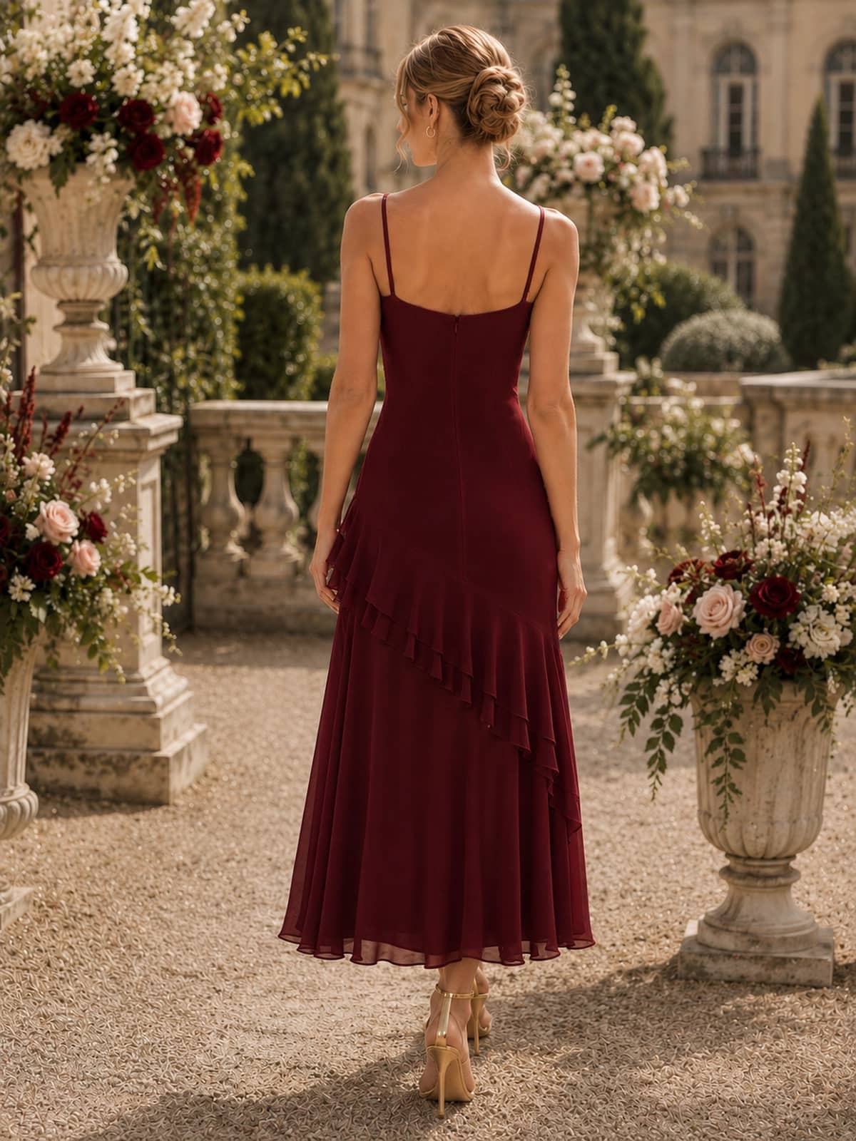 Burgundy spaghetti-strap chiffon high-low bridesmaid dress back view with concealed zipper