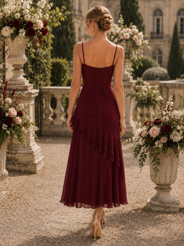 Burgundy spaghetti-strap chiffon high-low bridesmaid dress back view with concealed zipper