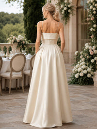 Ivory spaghetti-strap satin floor-length bridesmaid dress back view with concealed zipper