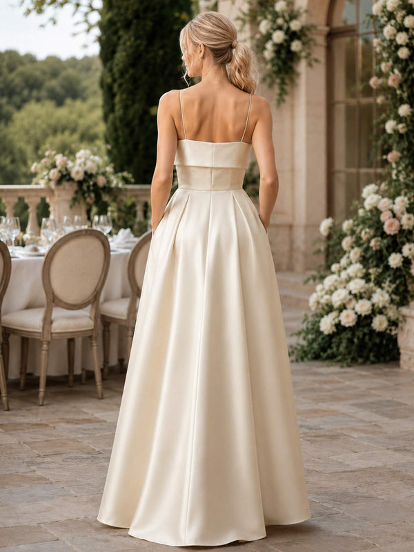 Ivory spaghetti-strap satin floor-length bridesmaid dress back view with concealed zipper