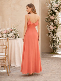 Persimmon coral spaghetti-strap chiffon floor-length bridesmaid dress back view with low scoop back and concealed zipper