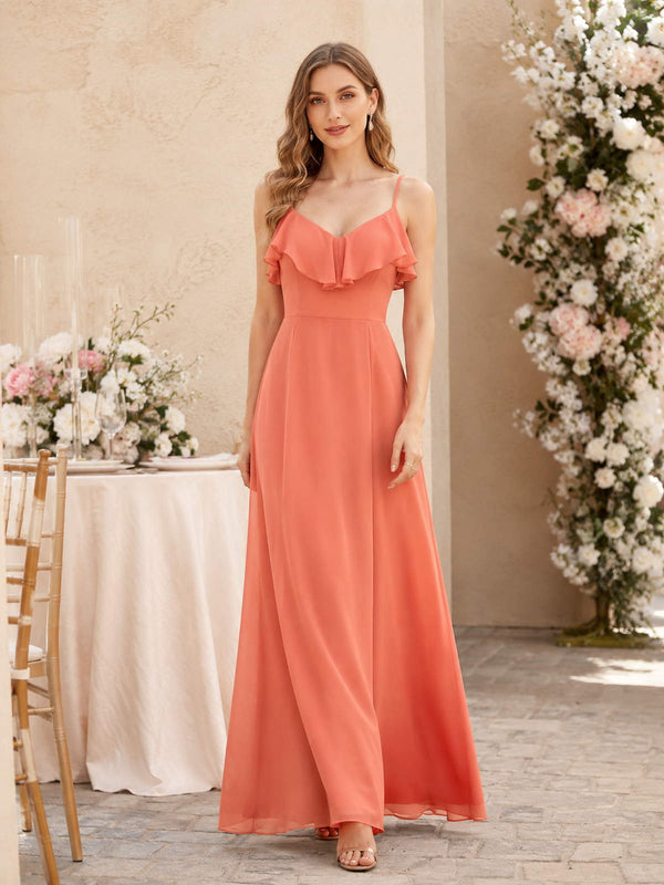Persimmon coral spaghetti-strap chiffon floor-length bridesmaid dress front view with layered ruffle neckline
