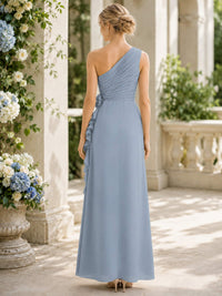 Dusty blue one-shoulder chiffon floor-length bridesmaid dress back view with ruched bodice and concealed zipper