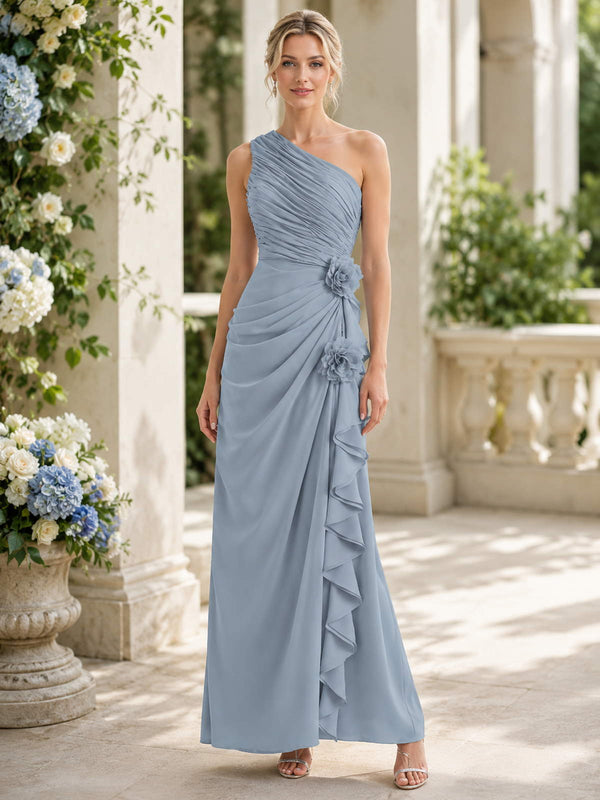 Dusty blue one-shoulder chiffon floor-length bridesmaid dress front view with floral appliqués and cascading side ruffle