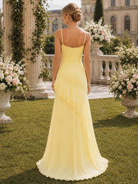 Daffodil spaghetti-strap chiffon high-low bridesmaid dress back view with layered ruffle and concealed zipper
