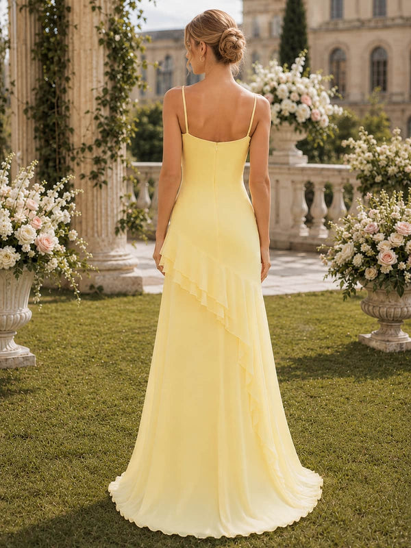 Daffodil spaghetti-strap chiffon high-low bridesmaid dress back view with layered ruffle and concealed zipper